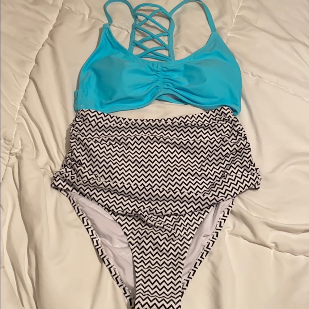 Cupshe teal top & black/white striped bathing suit